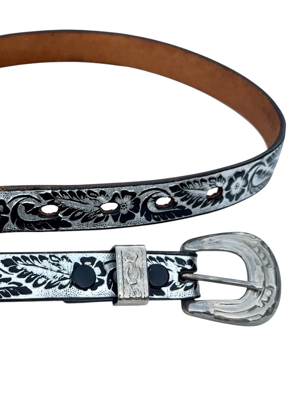 Women's Black Tooled Floral Leather Belt with Silver Buckle